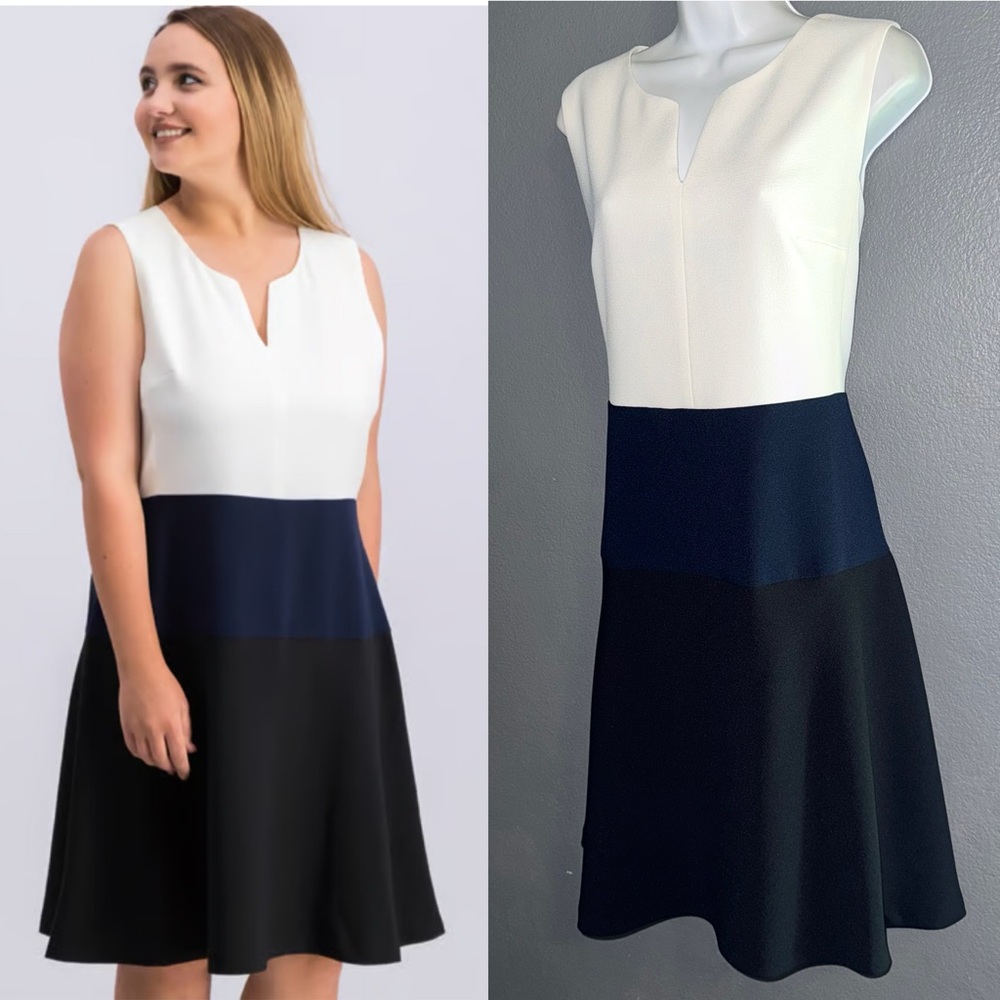 Karl Lagerfeld New w $128 Tags Sleeveless White Blue Black Sheath dress Large 14